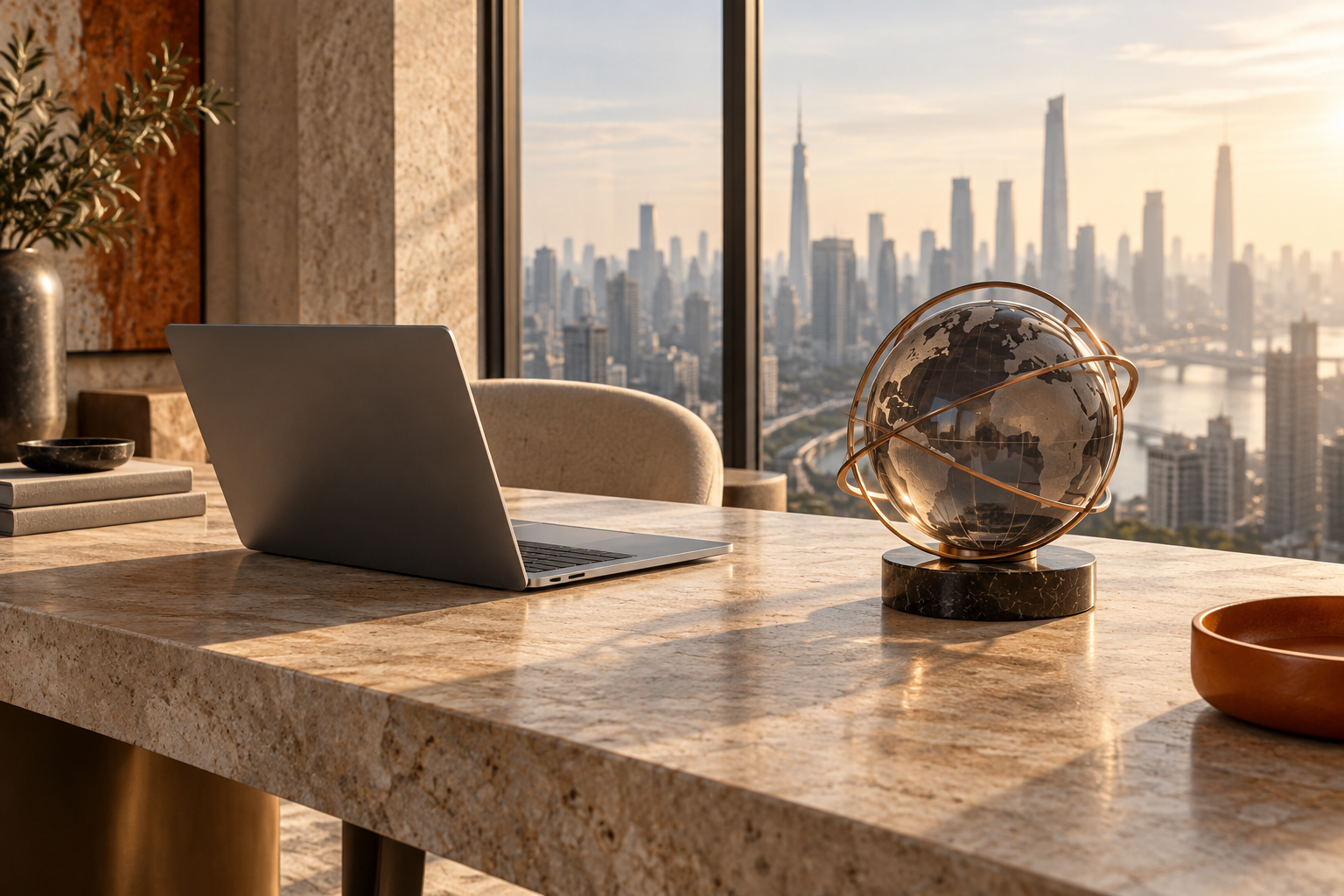 Concept illustration of a warm modern workspace with a laptop and sculptural globe overlooking a city