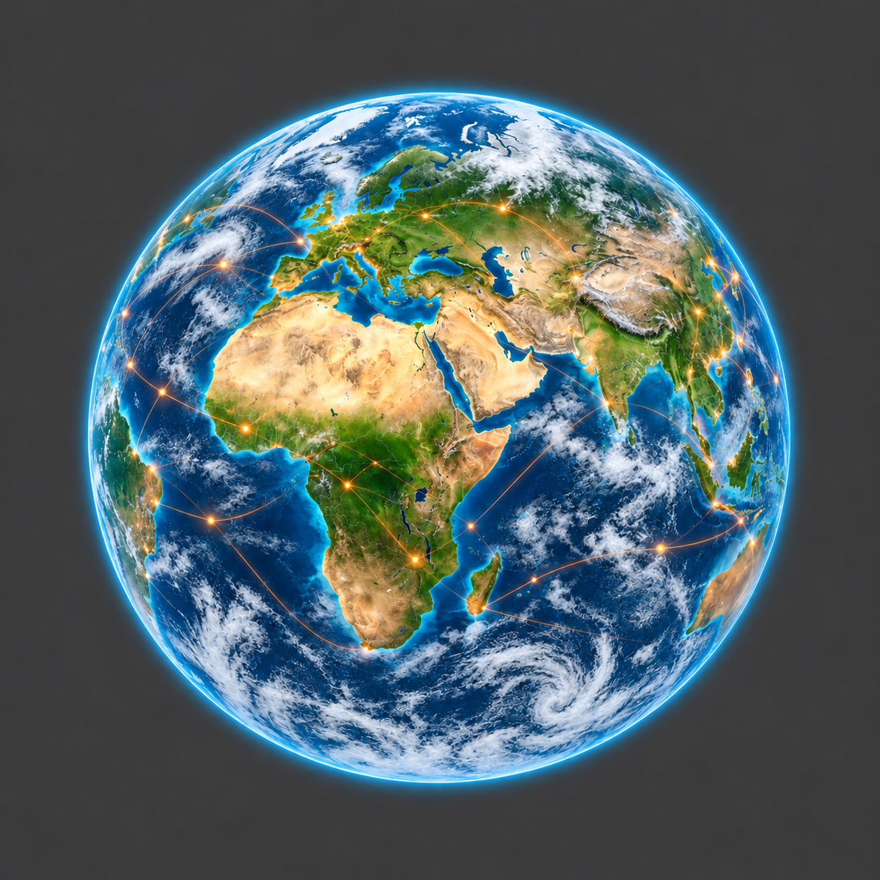 A luminous blue globe with bright continents and glowing connections.