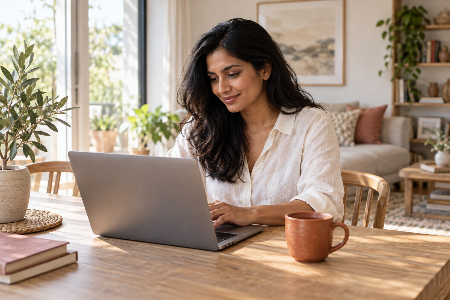 A woman using her laptop at a sunlit table at home.