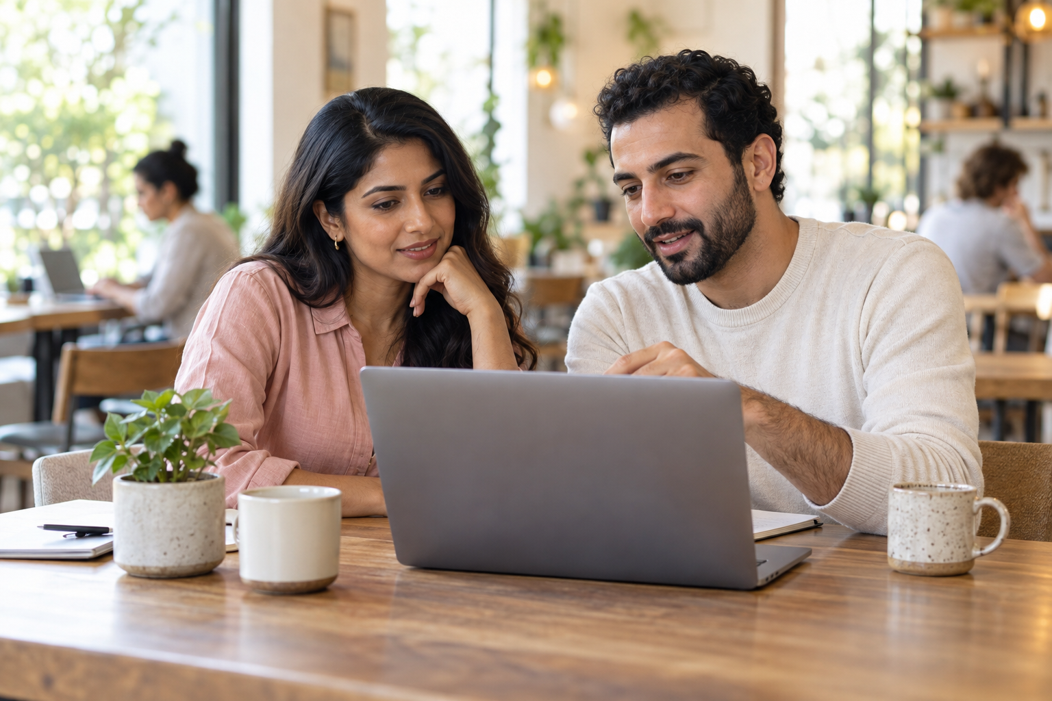 Two people looking through options together on a laptop in a bright cafe.