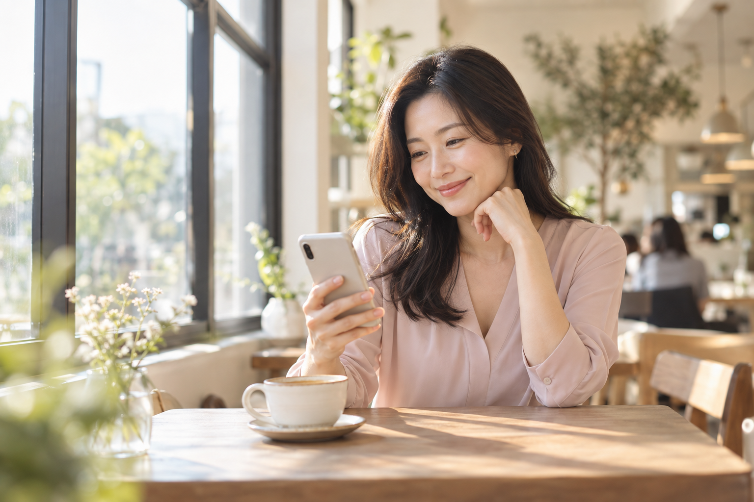 A woman checking her phone beside a sunny cafe window.